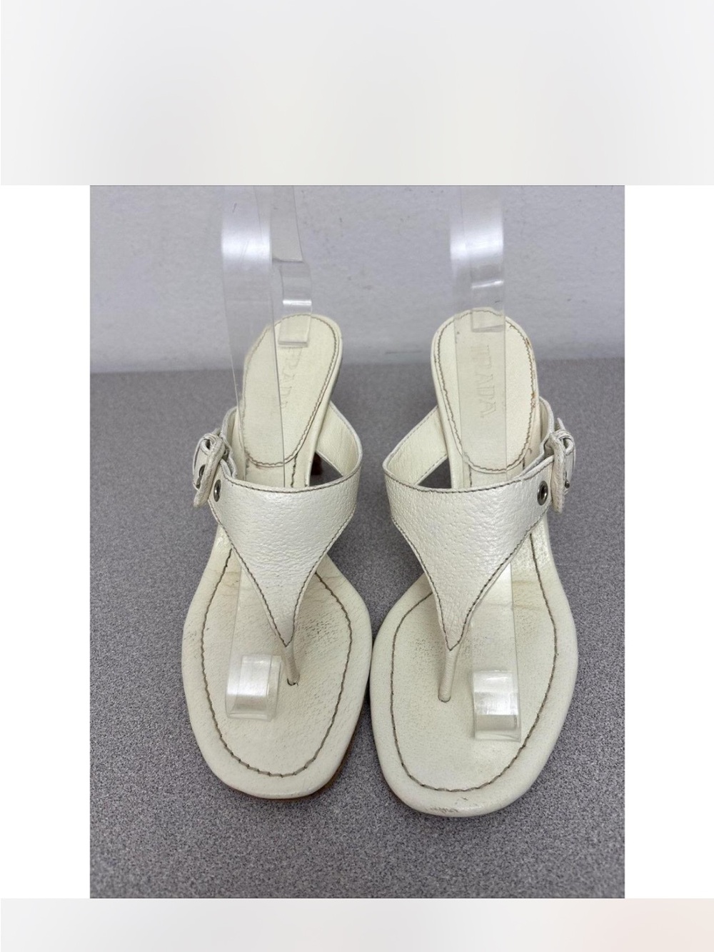 Prada Cream Leather Thong Heels with Buckle